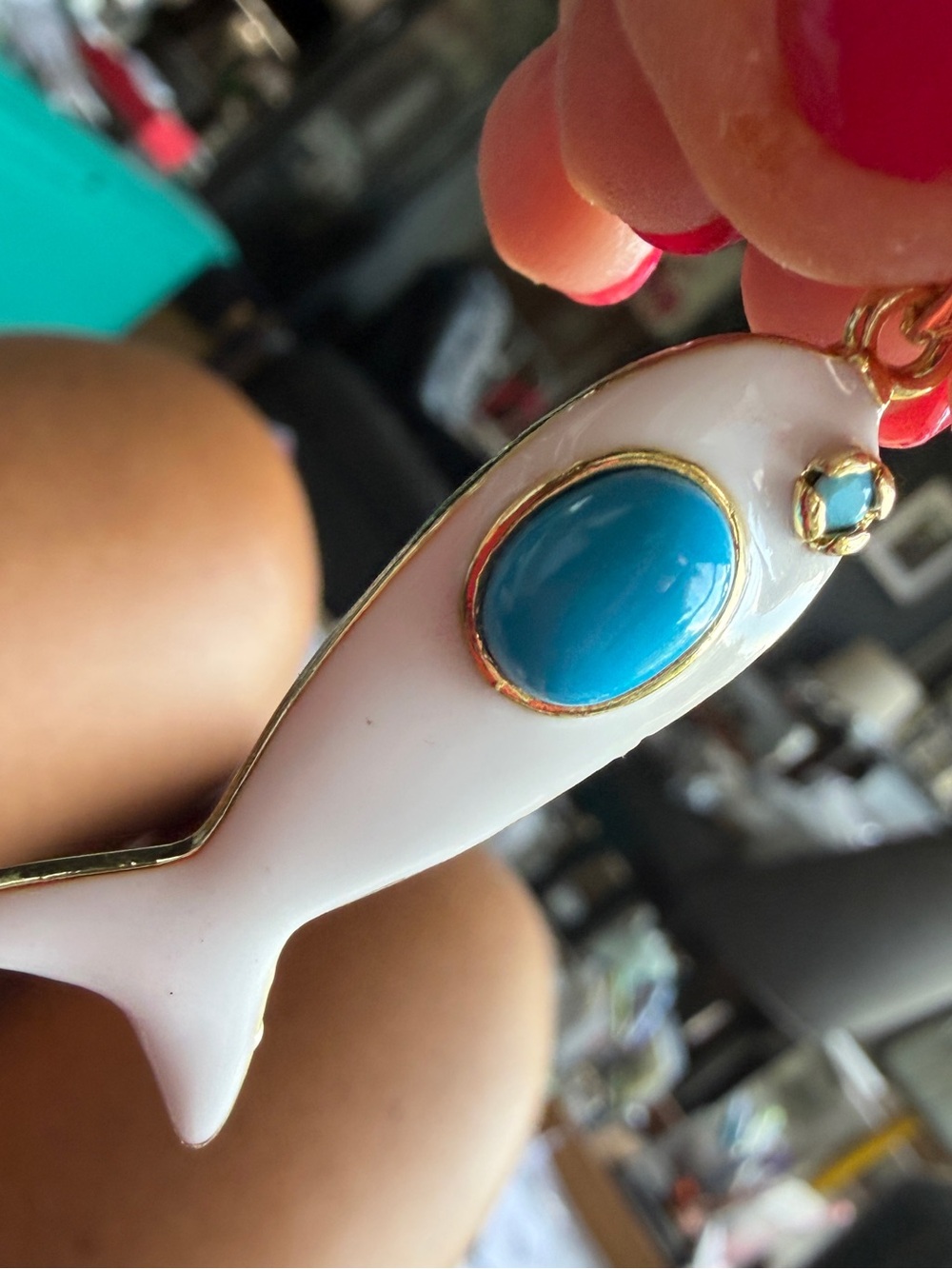 White Enamel Fish Pendant with Turquoise Accent